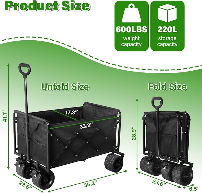 Folding Wagon Cart with All-Terrain Wheels – Heavy Duty Collapsible Utility Wagon for Grocery, Sports, Garden, Camping, Shopping (Black 600LBS)