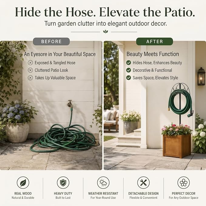 AceOrbit 2-in-1 Garden Hose Holder with Planter Box, Freestanding Heavy Duty Metal Water Hose Stand with Wooden Flower Pot 15.75", Detachable Organizer Rack for Patio Lawn Yard Garden Decor
