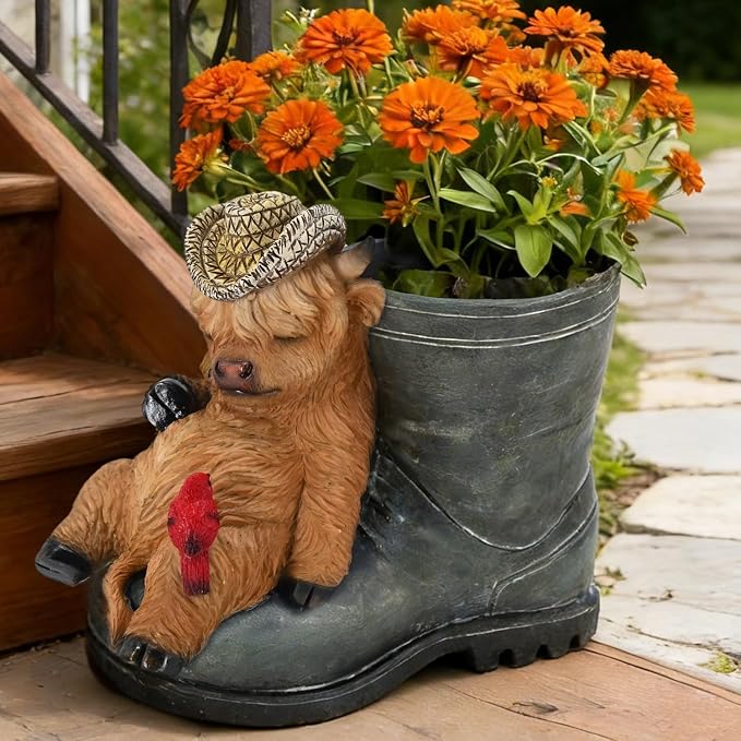 Rain Boot Planter with Sleeping Highland Cow - Unique Outdoor Resin Flower Planters for Garden Decor Patio Porch - Cute Decorative Pots for Succulents