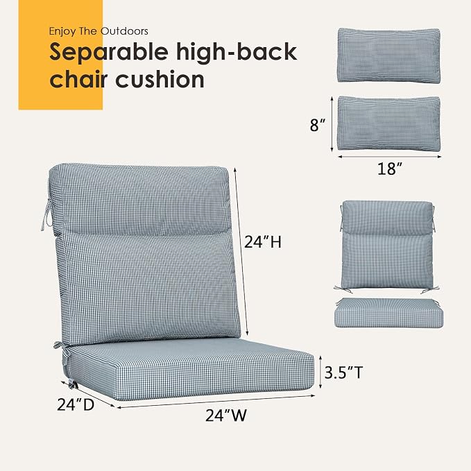 Outdoor High Back Chair Cushion, 2 Pack 48 x 24 inches Patio Chair Cushions Water Repellent Rocking Cushions Indoor Furniture Seat Pad with 2 Pillows, Black White Mini Check