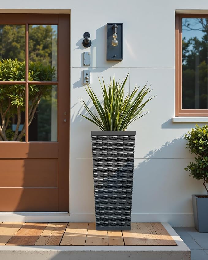 Greesum 23 Inch Tall Plastic Planters (Set of 2), Large Outdoor Flower Pots with Detachable Inner Pot & Drainage Holes for Plants, Trees, Patio, and Garden, Black