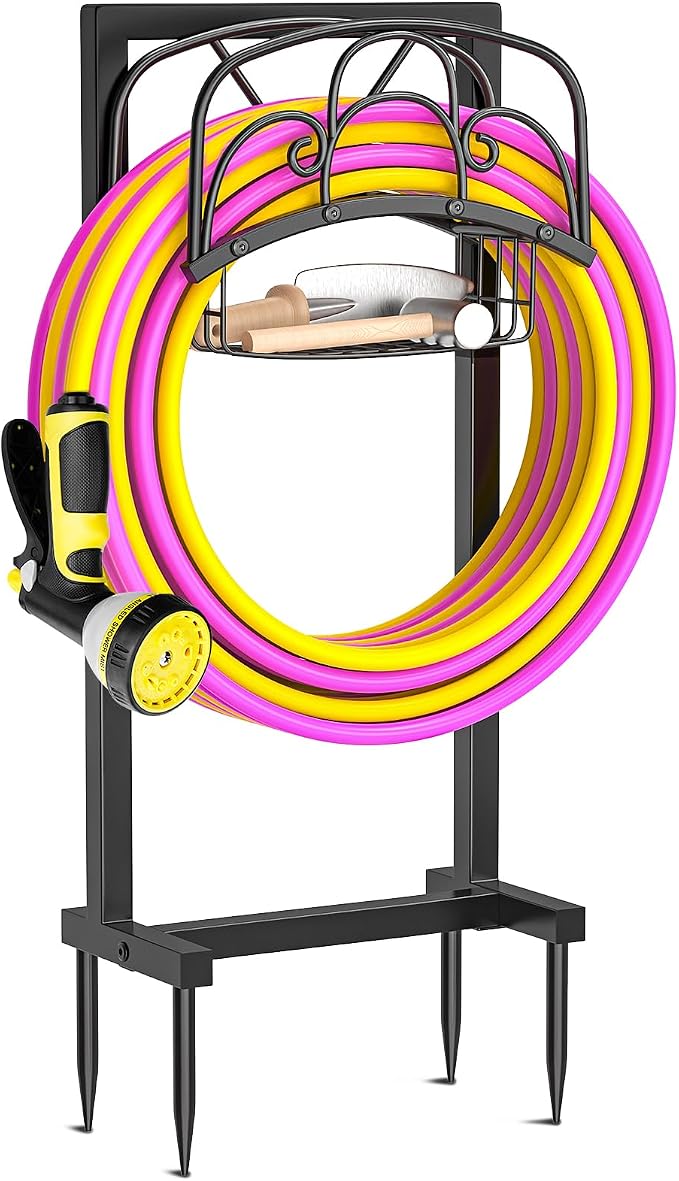 Garden Hose Holder,Heavy Duty Freestanding Detachable Storage Reel Stand,Upgraded 4 Spikes Hose Hanger for Outside Yard Lawn (curved line with Storage Basket)