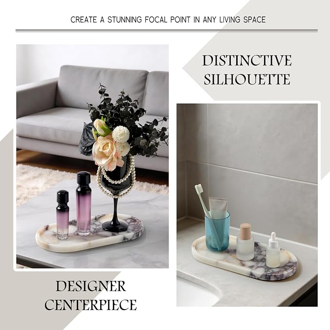 Luxury Natural Oval Marble Tray – 11.8 x 5.9-Inch Calacatta Viola Stone Vanity Tray, Large Makeup Organizer for Perfume Skincare Products, Decorative Tray for Bathroom Coffee Table & Dresser