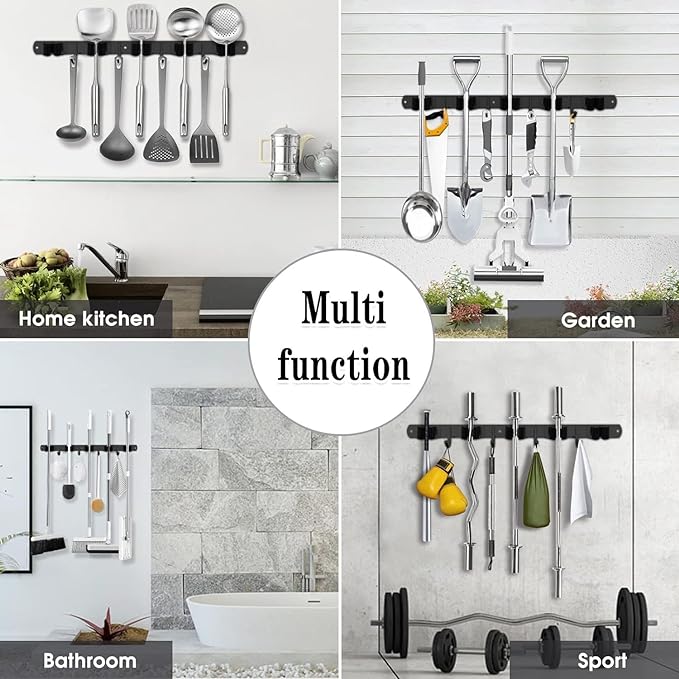 Black 5 Racks and 4 Hooks Mop and Broom Holder Wall Mount, Broom Organizer Storage Tool Racks Stainless Steel Heavy Duty Hooks Self Adhesive Solid Non-slip for Home Kitchen Garden Laundry Garage | Mop Holder Wall Mount and Broom Hanger for Garage, Laun...