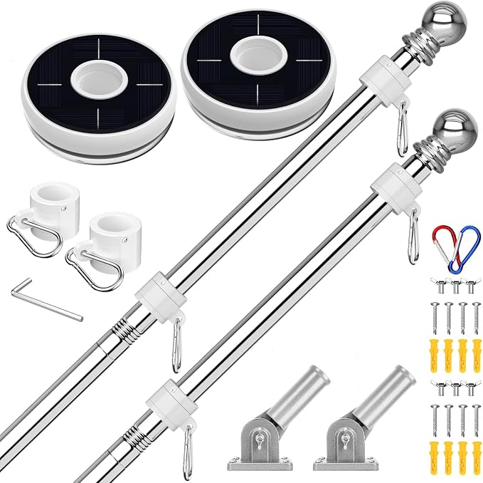 ZMTECH 2 Pcs 6FT Flag Pole for Outside House with Solar Light, 180° Adjustable Flag Holder, Tangle Free Stainless Steel Flag Pole for Outside House, Silver (No Flag Included)