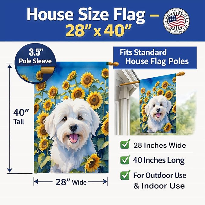 Caroline's Treasures DAC6063CHF Coton de Tulear in Sunflowers House Flag Large Porch Sleeve Pole Decorative Outside Yard Banner Artwork Wall Hanging, Polyester, House Size, Multicolor