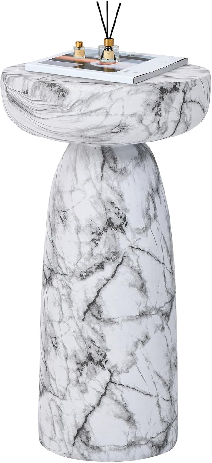 Marble Side Table, 24" Modern Accent Table with Pedestal Stand, Durable Faux Marble Side Table for Small Spaces, Marble Look Coffee Table Accent Drink Tables for Living Room Patio Balcony