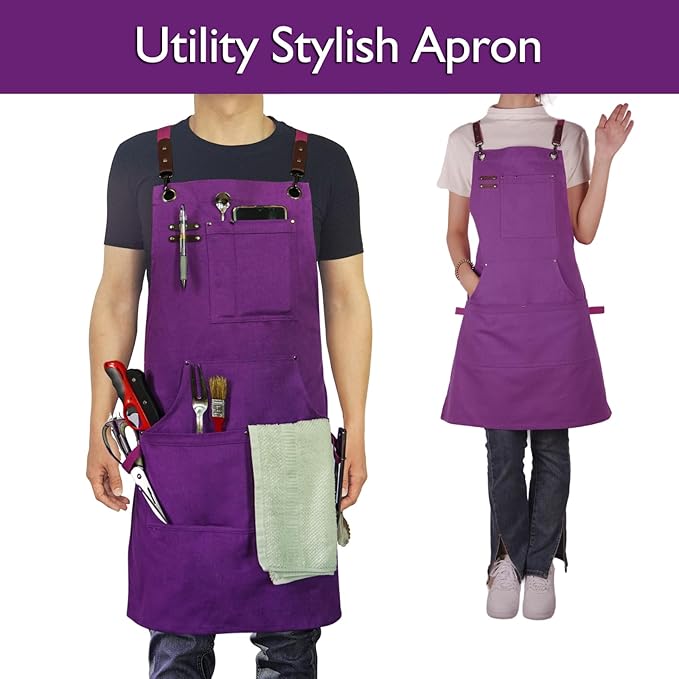 5 Pack Kitchen Apron, Work Apron, Canvas Apron, Purple | Multiple Pockets, Gardening, Painting, BBQ, Artist, Carpenter, Sizes M to XXL