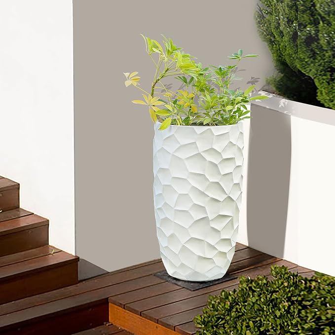 LuxenHome 22" H Concrete Tall Planter, Large Outdoor Indoor Plant Pots with Drainage Hole and Rubber Plug, Modern White Flower Pot for Plants, Geometric Pattern Planter Pots for Home Garden Patio