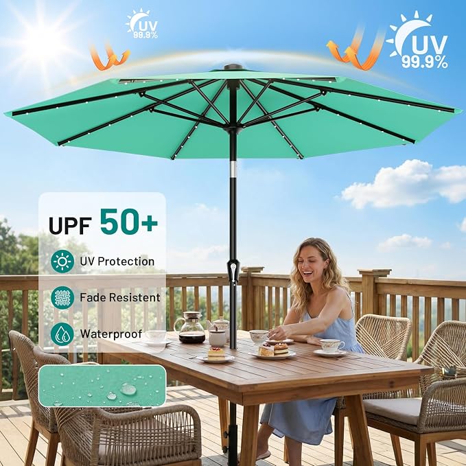 AreShark 9FT Patio Umbrella with Solar Lights, 32 Lighted Pool Umbrella w/Tilt and Crank, Outdoor Market Solar Umbrellas for Garden, Deck, Backyard, Pool and Beach, Cerulean