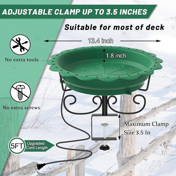 Heated Bird Baths for Outdoors, 100W Heated Bird Bath for Deck Railing, Heated Birdbath with Thermostat Control, Heated Bird Bath for Outside Winter Garden Patio Yard (Green)