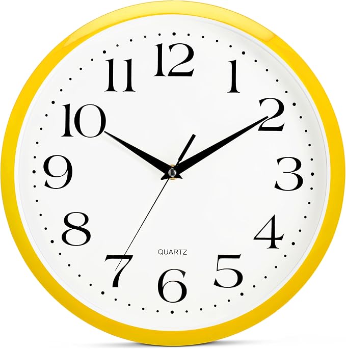 Bernhard Products Yellow Wall Clock 12 inch Silent Non Ticking Battery Operated Quartz Easy to Read Round Classroom Home Decor for Kids Playroom Baby Room Nursery Fun