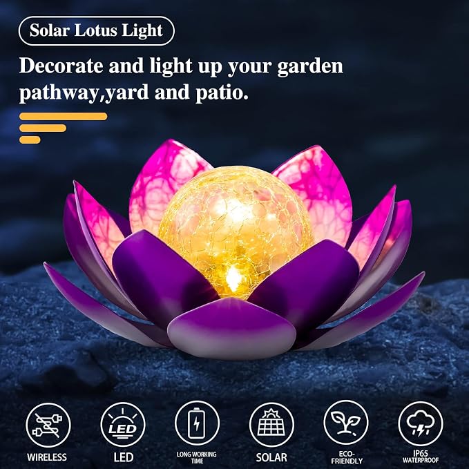 AIINY Solar Light Outdoor Decor Art Crackle Globe Glass Lotus Decoration, Solar LED Waterproof Purple Metal Flower Lights for Patio,Lawn,Walkway,Tabletop(2Pack)