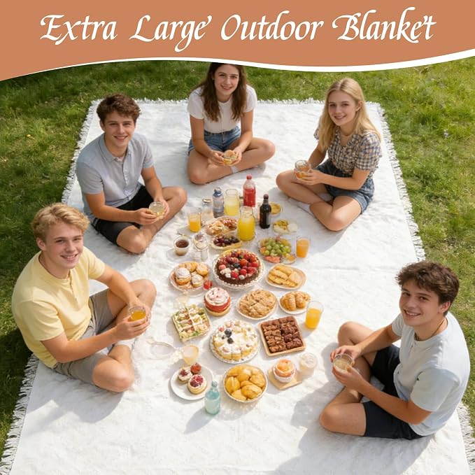 YEXEXINM Extra Large Outdoor Picnic Blanket 118" x 71" Oversize Woven Cotton Yarn Beach Blanket with Fringe, Machine Washable Portable Blanket for Camping, Beach, Park, Fits 6 to 9 Adults (White)