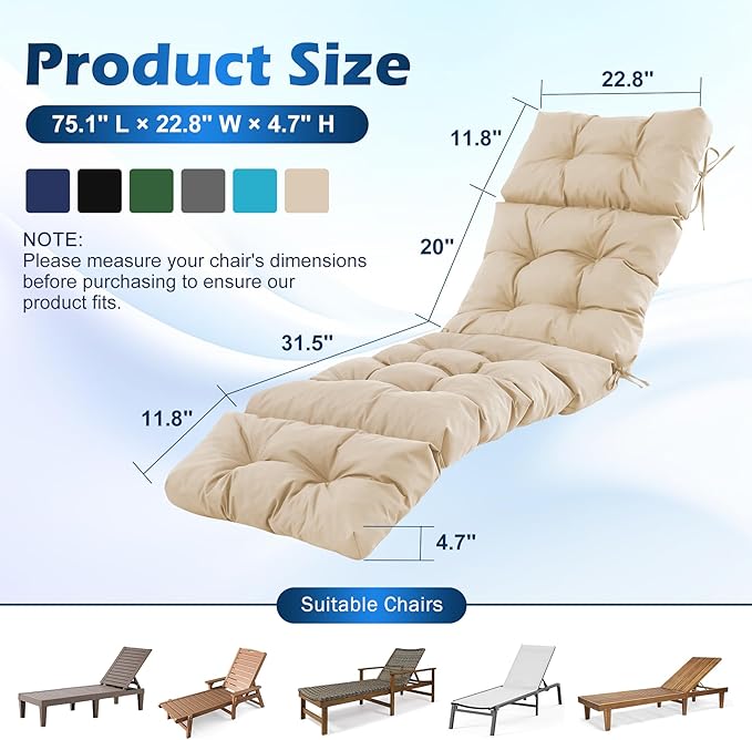 2 Pcs Chaise Lounge Cushions Outdoor,Waterproof & Fade Resistant Patio Lounge Chair Cushions for Outdoor Furniture, Chaise Cushion with Ties for Pool, Lawn and Beach, 75.1x22.8x4.7 Inch, Beige
