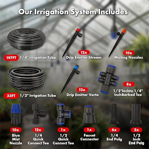 Drip Irrigation System 230FT Quick-Connect Drip Irrigation Kit, Automatic Garden Watering System with 1/4" & 1/2",Adjustable Nozzles & Sprinklers for Garden, Greenhouse, Lawn, Potted Plants