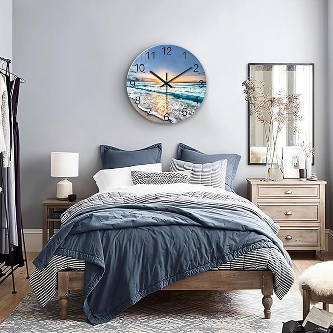 Blue Coastal Wall Clocks Battery Operated 16 Inch | Glass Wall Clock Silent Beach Round Large Decorative Wall Clock for Living Room Bedroom Kitchen Office