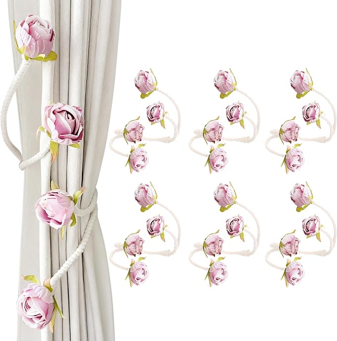 Decorative Rose Curtain Tieback with Artificial Flowers, Pink Roses on White Twisted Rope, Elegant Window Treatment 6pcs (6)