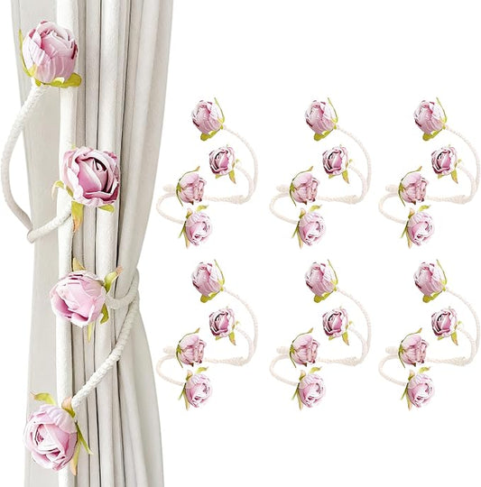 Decorative Rose Curtain Tieback with Artificial Flowers, Pink Roses on White Twisted Rope, Elegant Window Treatment 6pcs (6)