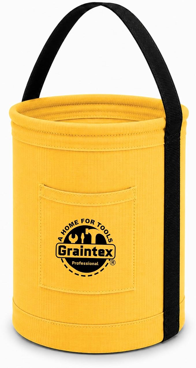 Graintex Canvas Utility Bucket 9.5"x14", Round Tool Bucket, Reinforced Base & Carry Handle, Ripstop Canvas, Ideal Multi-Purpose Bag for Jobsite, Gardening, Home Use, Tool Storage - Yellow