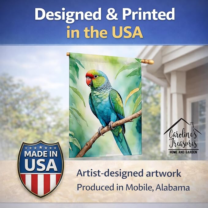 Caroline's Treasures African Ringneck Parrot House Flag Large Porch Sleeve Pole Decorative Outside Yard Banner Artwork Wall Hanging, Polyester, House Size, Multicolor