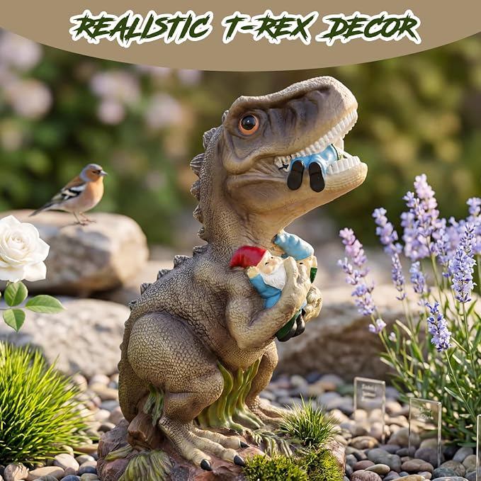 Dinosaur Statue with Gnomes, 16“ Large Outdoor Garden Statues Yard Decor, Funny Dinosaur Holding Gnomes Figurines for Patio Lawn, Weatherproof Gnome Decorations for Home, Unique