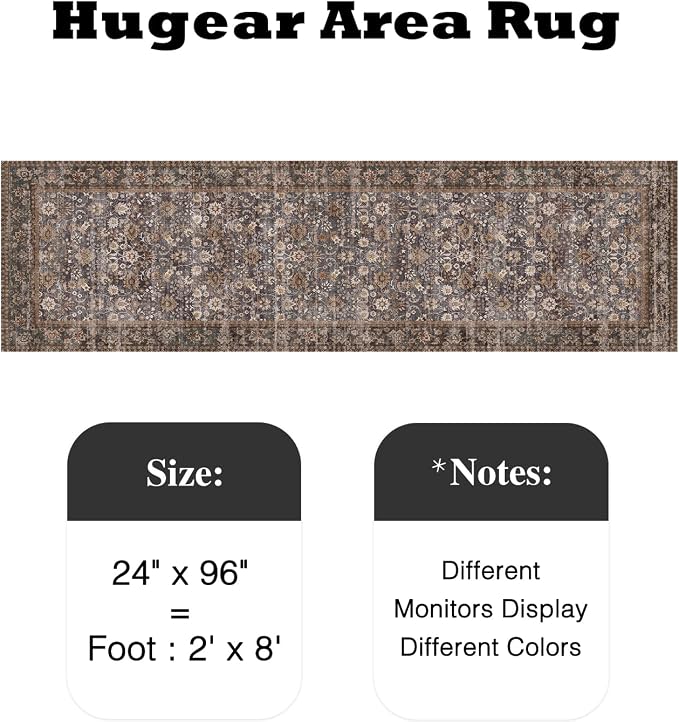 HUGEAR 2x8 Runner Rug Machine Washable Tradition Brown Hallway Area Rug Indoor Accent Rugs Floral Low Pile Carpet Soft Throw Rugs Bedroom Living Room Office Dining Kitchen Laundry Non Slip