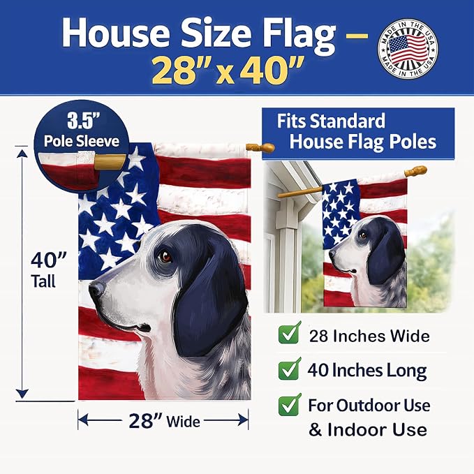 Caroline's Treasures CK6439CHF Bleu de Gascogne Dog American Flag House Flag Large Porch Sleeve Pole Decorative Outside Yard Banner Artwork Wall Hanging, Polyester, House Size, Multicolor