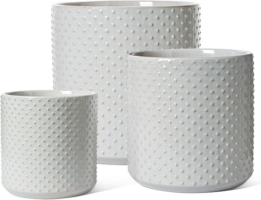 LE TAUCI 10+8+6 Inch Ceramic Pots for Plants, Indoor Planters with Drainage Hole and Plug, Raised Dots Cylinder Flower Pots Set of 3 for Office and Living Room, Glossy, Star Gray