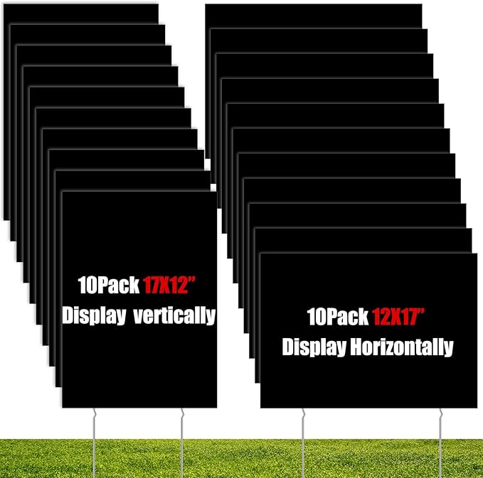Wesiti 20 Pack Blank Yard Signs with Stakes Plastic Yard Lawn Sign Double Sided Corrugated Plastic Garage Sale Signs with Stakes for Rent Sign for Party Lawn Yard (Black, 17 x 12 Inch)