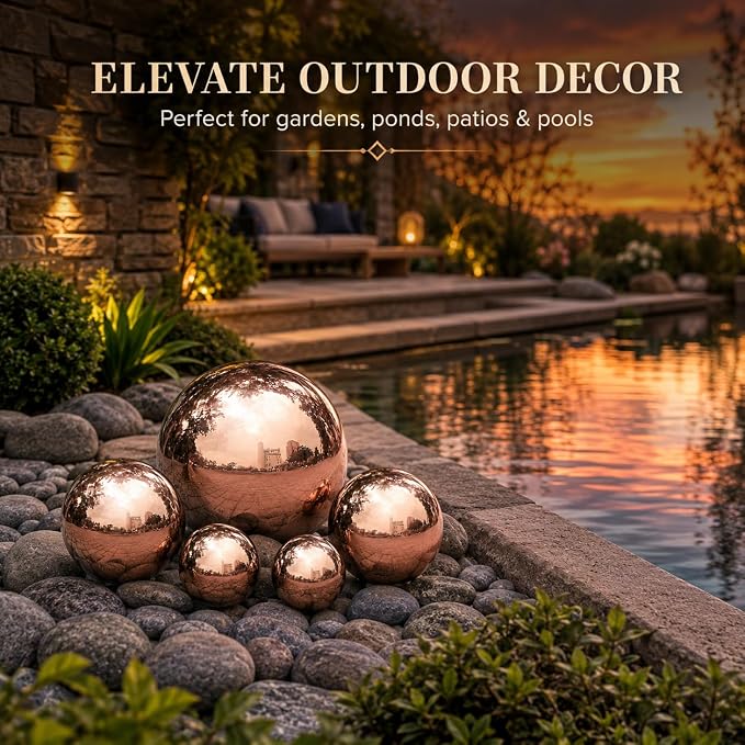 Gazing Ball Garden Mirror Outdoor - Outside Decorative Globe Rose Gold 5Pcs | Metal Polished Reflective Sphere, Stainless Steel Hollow Decoration Ornament for Home Pond Swimming Pool Housewarming Gift