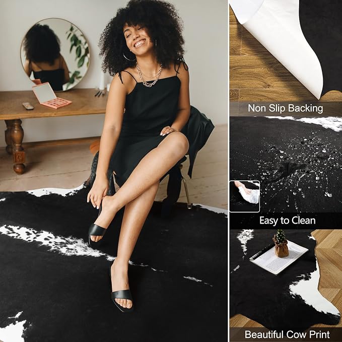 Faux Cowhide Rug, Cow Print Large Animal Rug, 6x7.2 Ft Black | Premium Cow Hide Carpet, Western Rug for Bedroom Living Room Decor, Durable Faux Cow Skin Cowhide Area Rug