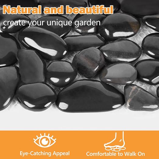 River Rock Stepping Stones Outdoor for Garden Walkway, 6 Pcs 12" L x 4" W Rectangle Shape Paver Step Stones Polished Pebble River Stone Mat for Yard Lawn Patio Pathway Walk Way - Black
