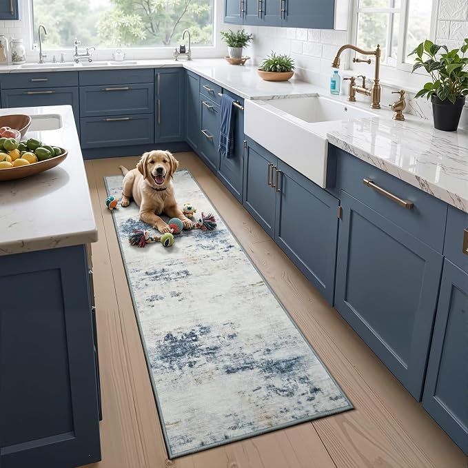 Toneed Washable 2x6 Non-Slip Abstract Runner Rug for Hallway Kitchen | Soft Modern Low Pile Area Rugs for Bedroom Laundry Living room,Indoor Carpet for Bedside Home Decor, Blue/White