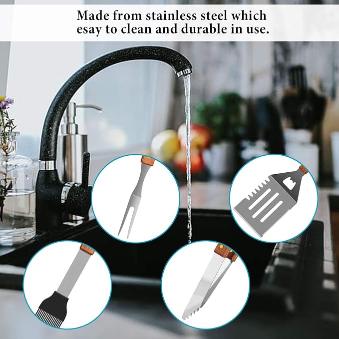 IMAGE Wooden BBQ Accessories Grilling Tools,Stainless Steel BBQ Tools Grill Utensils Set for Outdoor Grill, Cooking, Backyard Barbecue & Camping Gift for Man Dad Women Barbecue Enthusiasts Set of 4