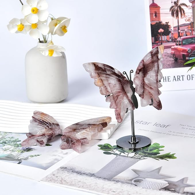 JIC Gem Hematoid Quartz Crystal Stone Butterfly Art Decorative Healing Crystal Slices Carved Angel Wings with Silver Stand Office Home Decor Reiki Gifts (1pair, 10cm)