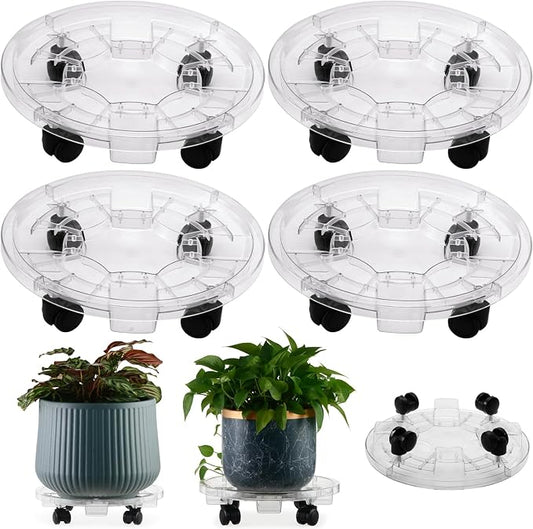 4 Packs 16 Inches Extra-large Clear Plant Caddy Plant Saucers on Wheels Rolling Plant Stands Heavy-duty Plant Dolly Plastic Planter Roller Base Pot Movers Outdoor Plant Tray Coaster