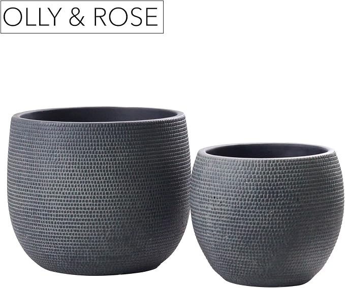 Olly & Rose Barcelona Ceramic Plant Pot Set 2 - Black Flower Pots 7" and 5.5" - Indoor & Outdoor Planters (Black)