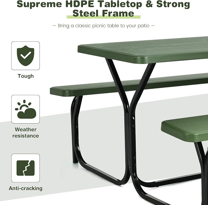 HAPPYGRILL Picnic Table Set Outdoor Patio Table Bench Set with Steel Frame & Plastic Table Top for Garden Lawn Backyard