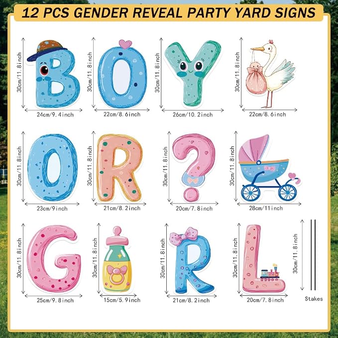 SUPERDANT 12Pcs Gender Reveal Party Yard Sign with 24 Stakes Boy or Girl Baby Shower Lawn Decorations Birth Party Outdoor Sign Newborn Garden Decor for Celebration 11.8x11 Inch