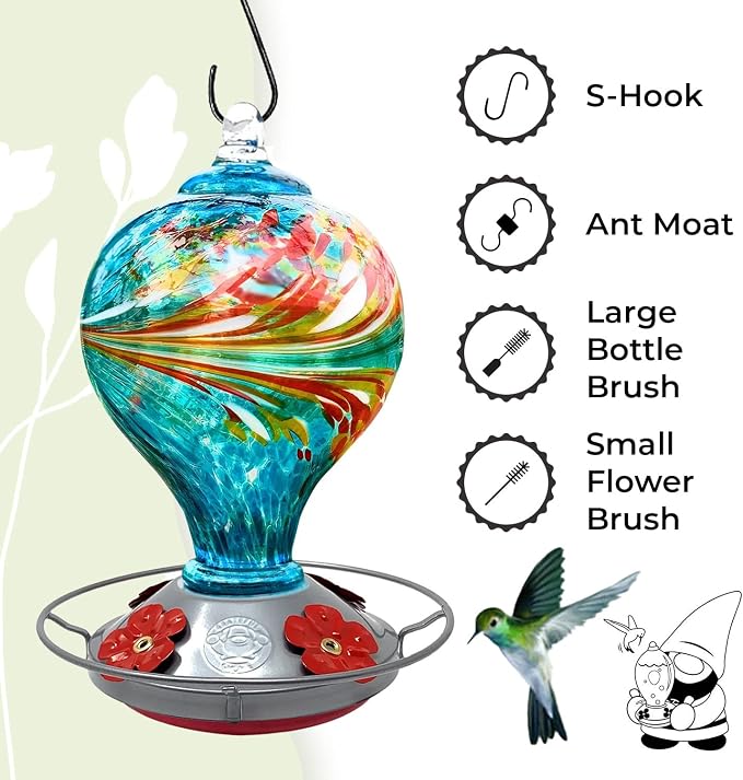 Hummingbird Feeder by Grateful Gnome - Large Hand Blown Stained Glass Feeder for Garden, Patio, Outdoors, Window with Accessories S-Hook, Ant Moat, Brush - 36fl oz, Large Blue Egg Design