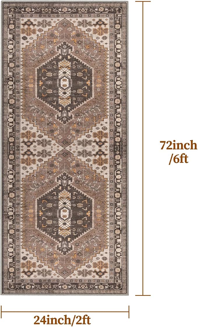 Ciicool Washable Non Slip Runner Rug,2x6ft Vintage Hallway Kitchen Rugs | Soft Oriental Indoor Hazel Boho Entry Carpet for Entrance Bedroom Bedside Living Room Laundry Bathroom Decor