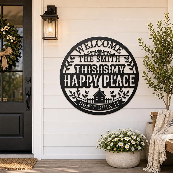 Personalized This Is My Happy Place Metal Sign Custom Family Name Sign Farmhouse Wall Decor Welcome Sign for Front Porch Living Room Backyard Housewarming Gift