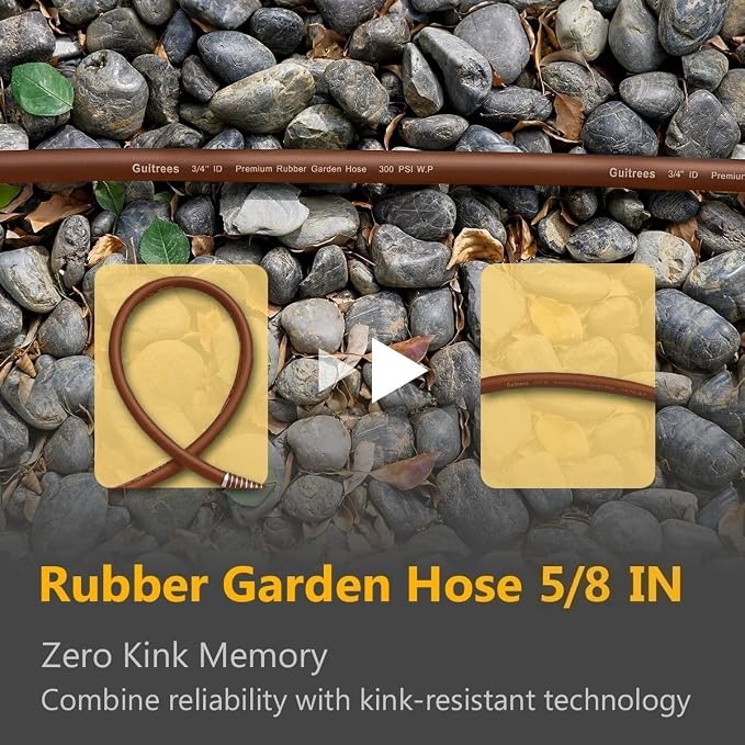 Guitrees Garden Hose 75FT x 5/8", Heavy Duty Rubber Hose, Water Hose with Five Layered Braiding, Male to Female Fittings, 1000PSI Burst, 300PSI Working (Brown)