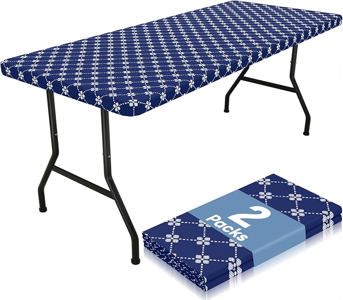 misaya 2 Pack Rectangle Vinyl Table Cloth, Elastic Fitted Tablecloth with Flannel Backing, Waterproof Plastic Table Cover Fits 6 Foot Folding Tables for Picnic, Camping and Outdoor (Navy, 30" x 72")