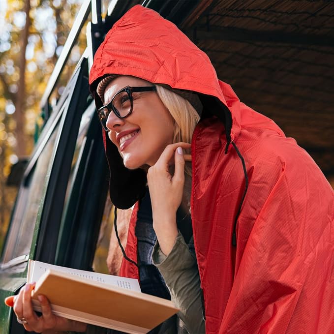 Large Waterproof Outdoor Picnic Blanket 80"x 58" | Windproof Lightweight Stadium Blanket, Packable, Stay Dry and Comfortable for Camping, Sports, Travel - Red Hooded