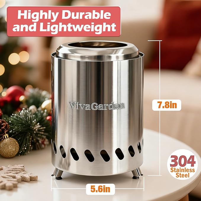 Tabletop Fire Pit Low Smoke Burning, VivaGarden Smokeless Firepit Outdoor & Patio, Safe Burning Portable Mini Table Top Firepit with Carry Bag, Silver (7.8 x 5.6 inch)