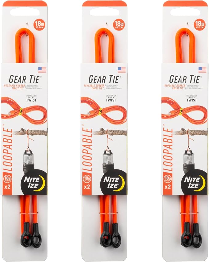 Nite Ize Gear Tie Loopable Twist Tie - Reusable & Flexible Twist Ties - Bendable Cable Ties for Gear & Cords - Loopable for Secure Fastening - 18", Bright Orange (3 Pack)