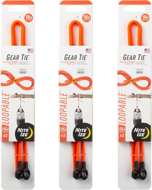 Nite Ize Gear Tie Loopable Twist Tie - Reusable & Flexible Twist Ties - Bendable Cable Ties for Gear & Cords - Loopable for Secure Fastening - 18", Bright Orange (3 Pack)