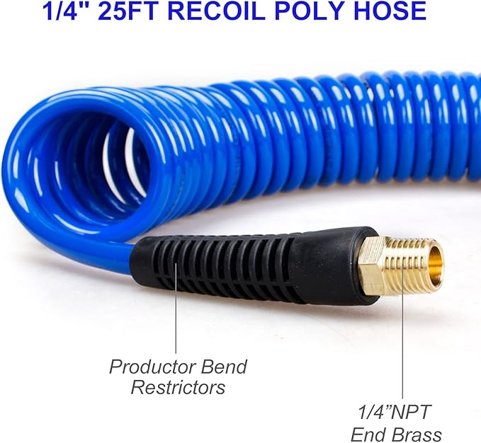 16 Pieces Heavy Duty Air Compressor Accessory Kit, 1/4 inch 25ft Recoil Poly Air Compressor Hose Kit, 100PSI Tire Inflator Gauge, Blow Gun and Nozzles, 1/4" NPT Air Coupler and Plug Kit